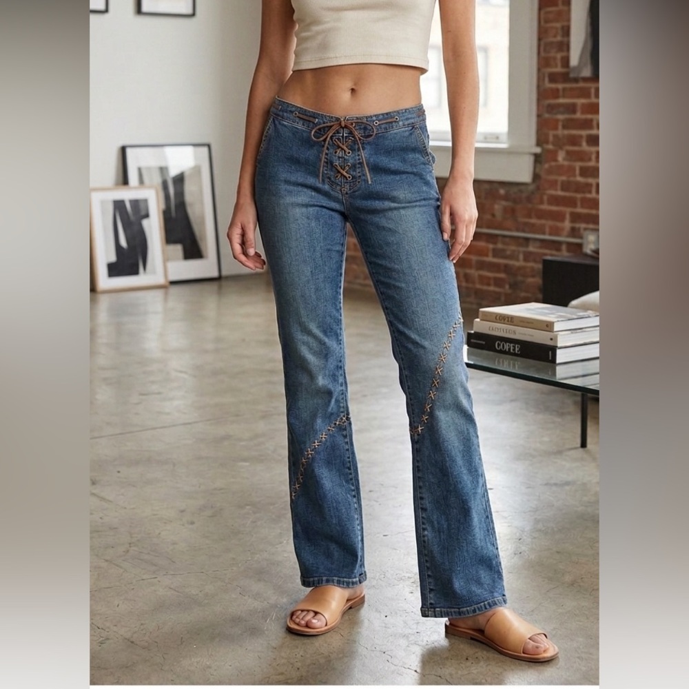 Vintage Y2K 2000s stretch criss cross lace up design low rise flare jeans READ